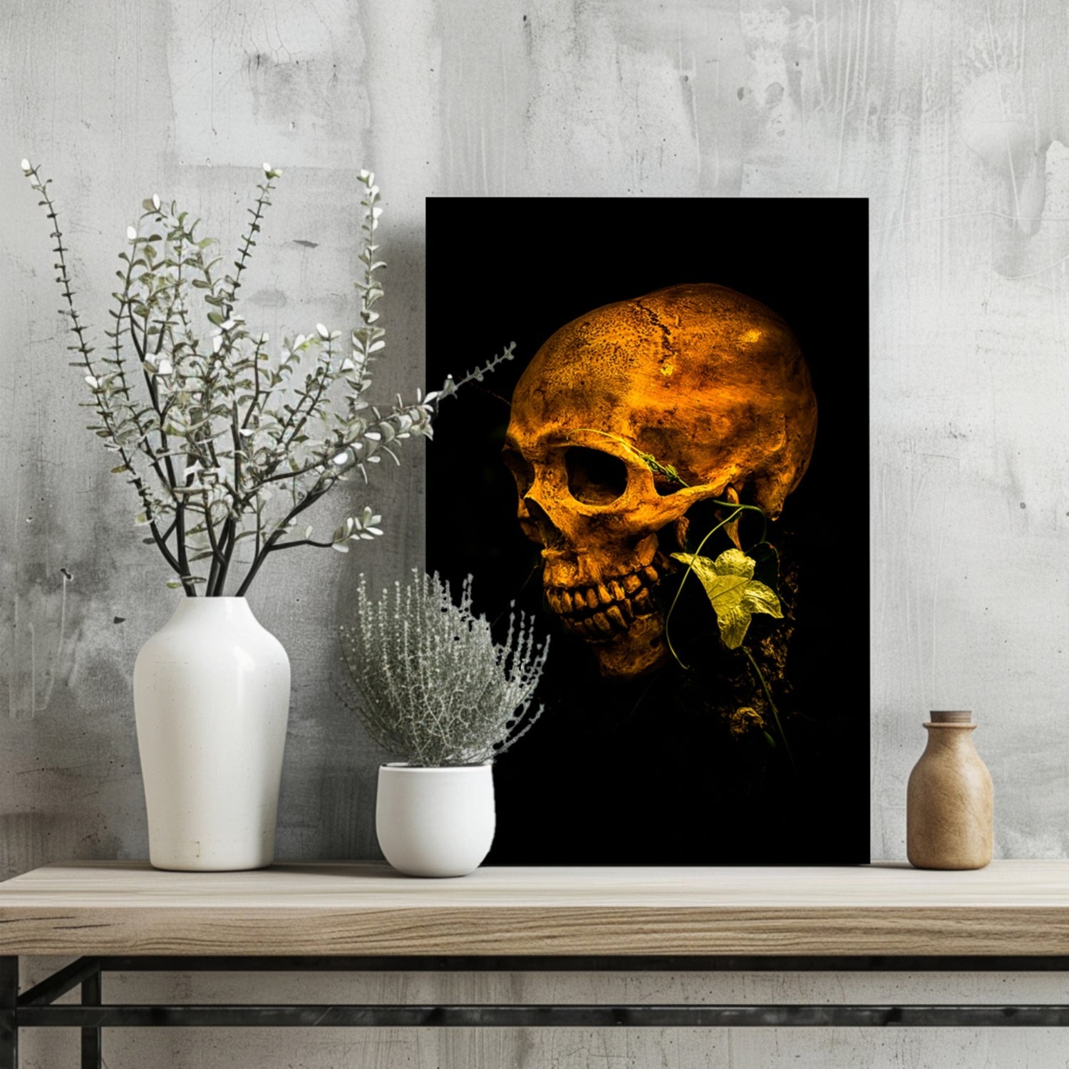 Golden Lit Skull With Ivy Leaf Aluminum Print
