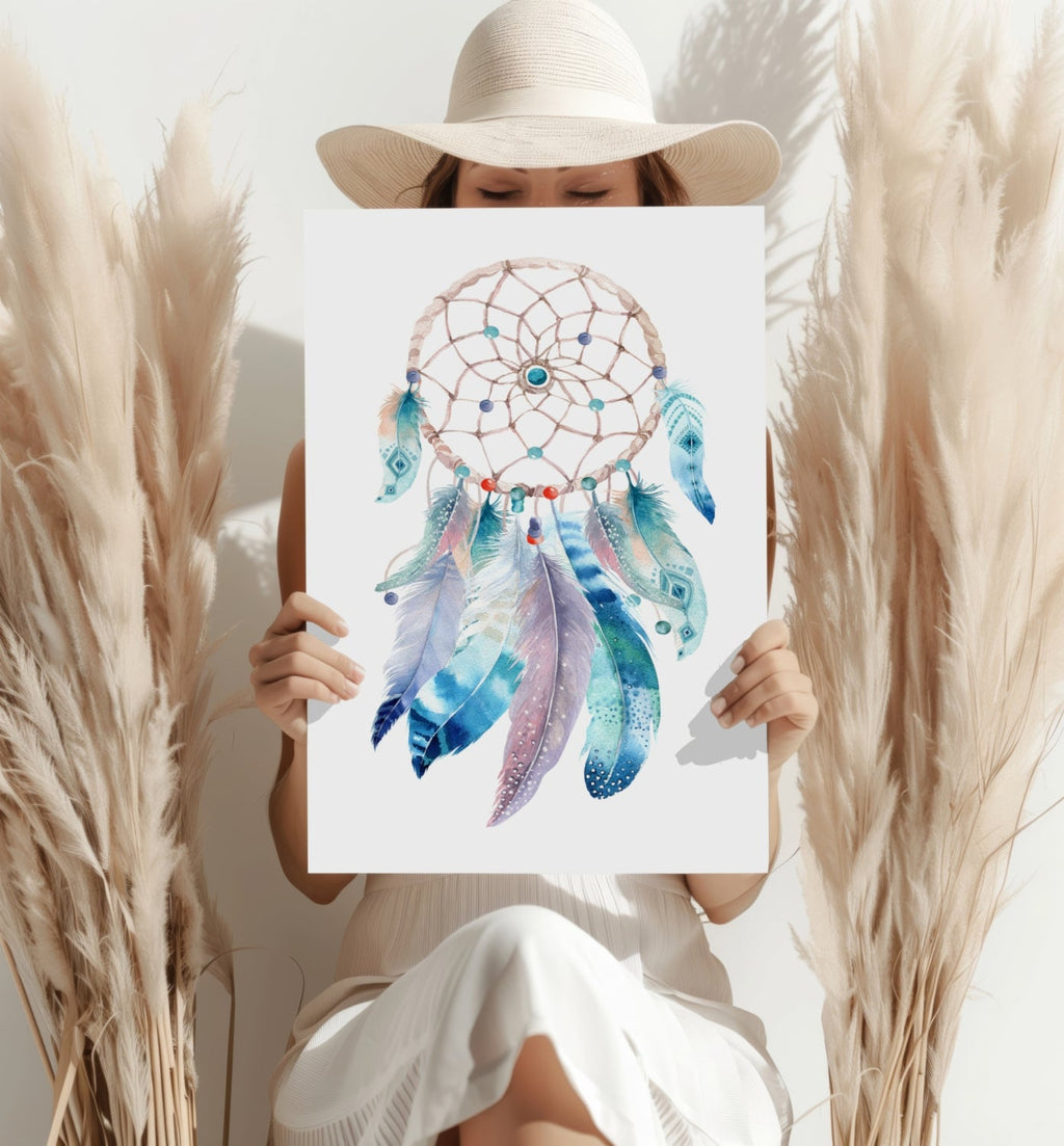 Turquoise Watercolor Feather Dreamcatcher Aluminum Print