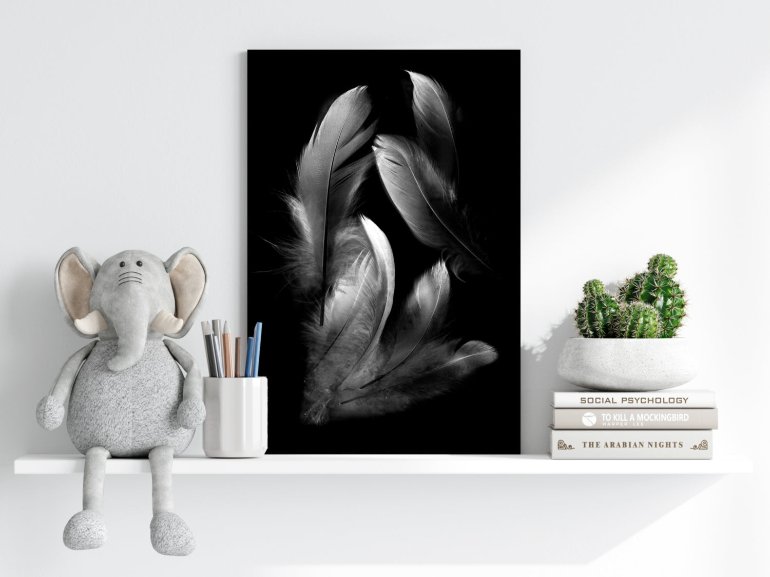 White Feather Cluster On Black Aluminum Print