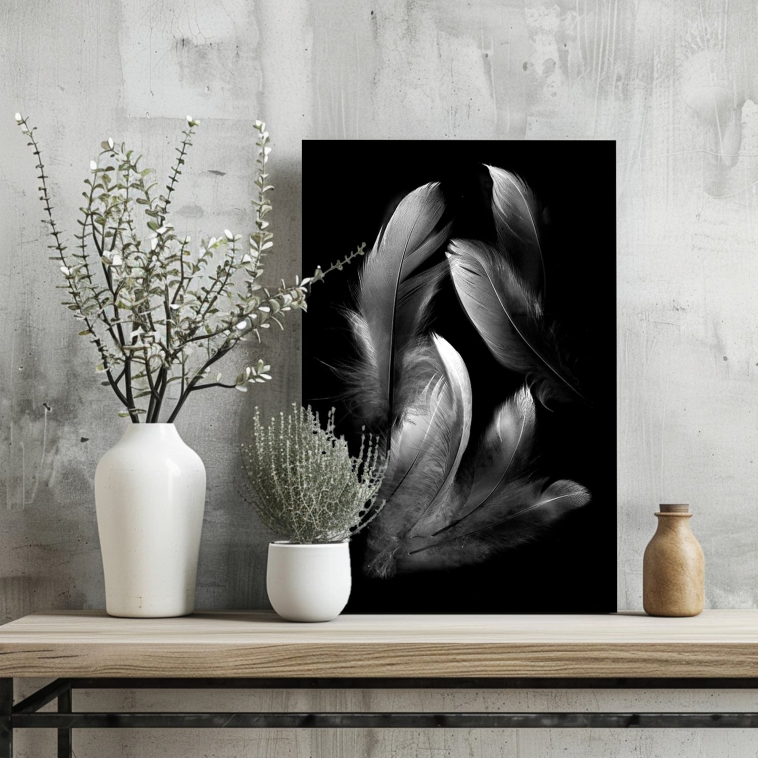 White Feather Cluster On Black Aluminum Print