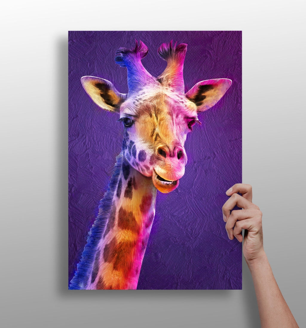 Purple Pink Smiling Giraffe Portrait Aluminum Print