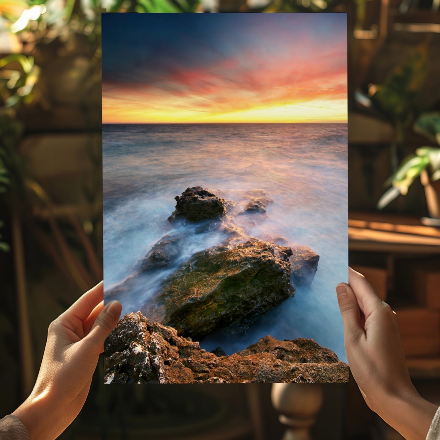 Silky Waves Over Rocky Shore Sunset Aluminum Print