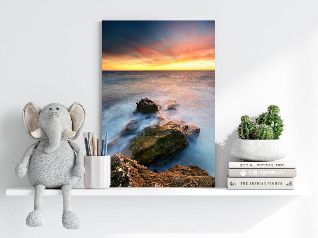 Silky Waves Over Rocky Shore Sunset Aluminum Print