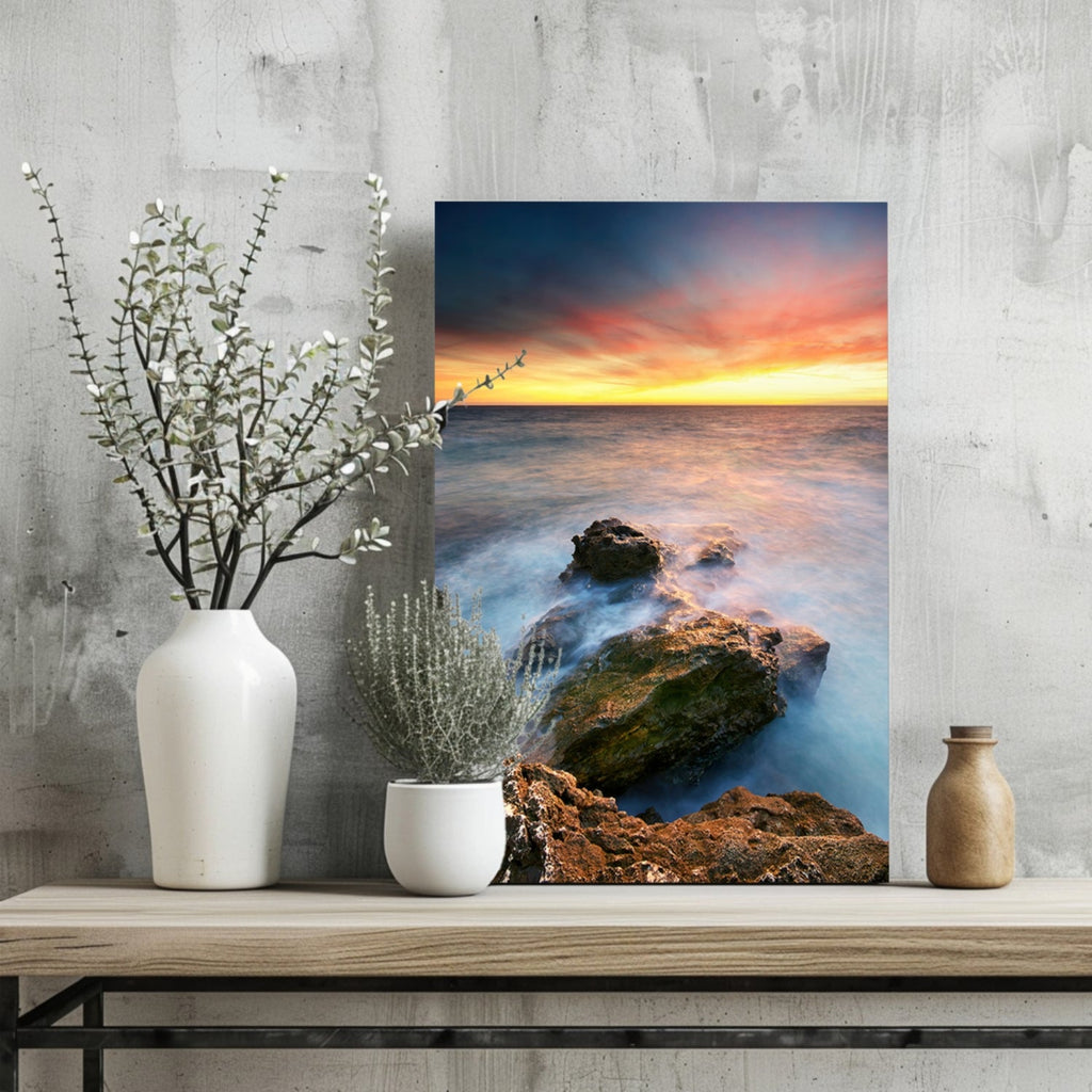 Silky Waves Over Rocky Shore Sunset Aluminum Print