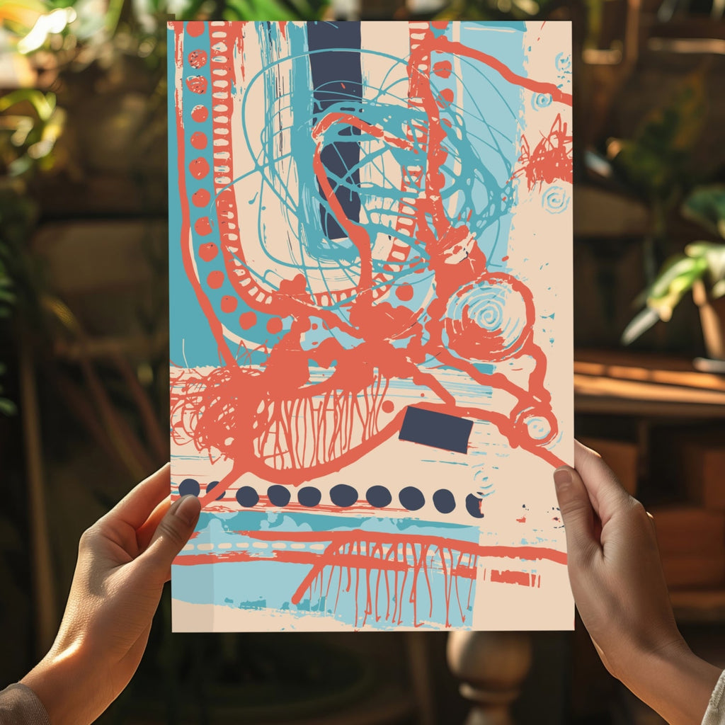 Coral Scribble and Blue Dots Abstract Aluminum Print