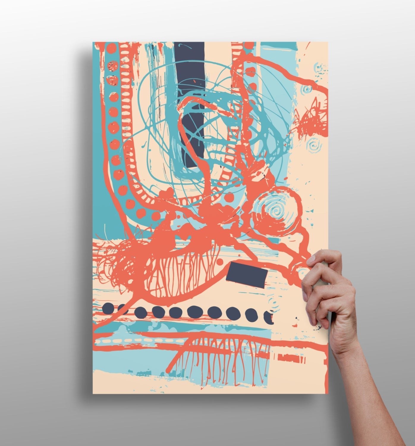 Coral Scribble and Blue Dots Abstract Aluminum Print