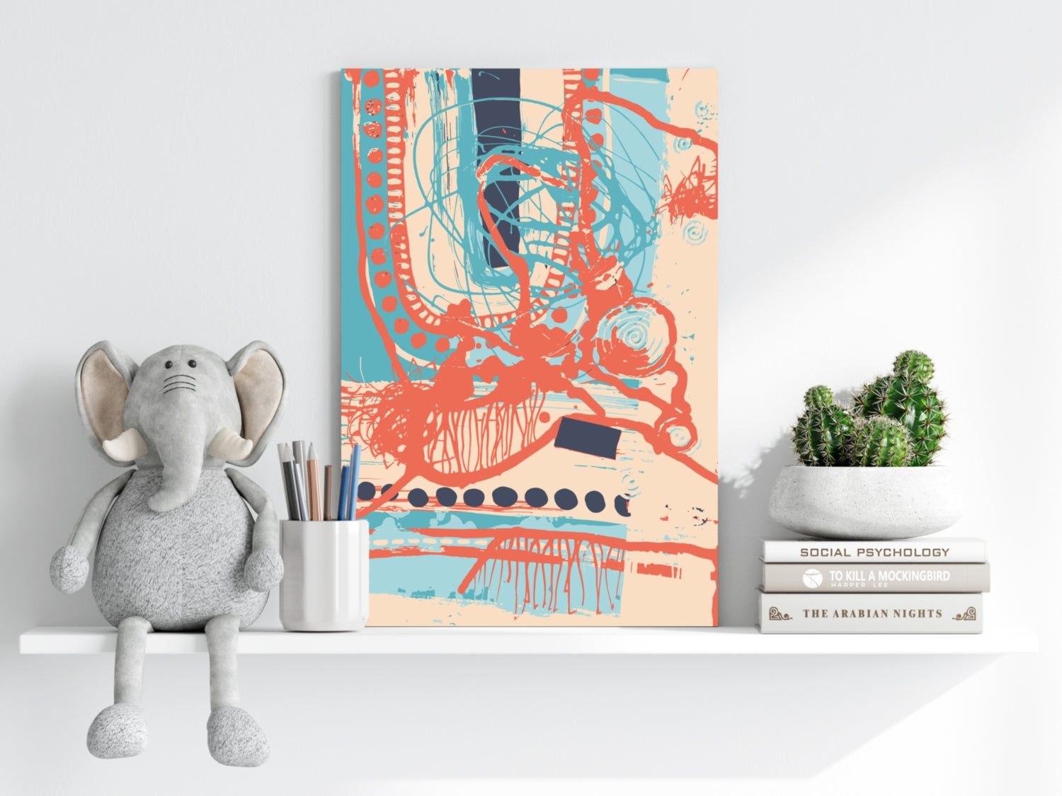 Coral Scribble and Blue Dots Abstract Aluminum Print