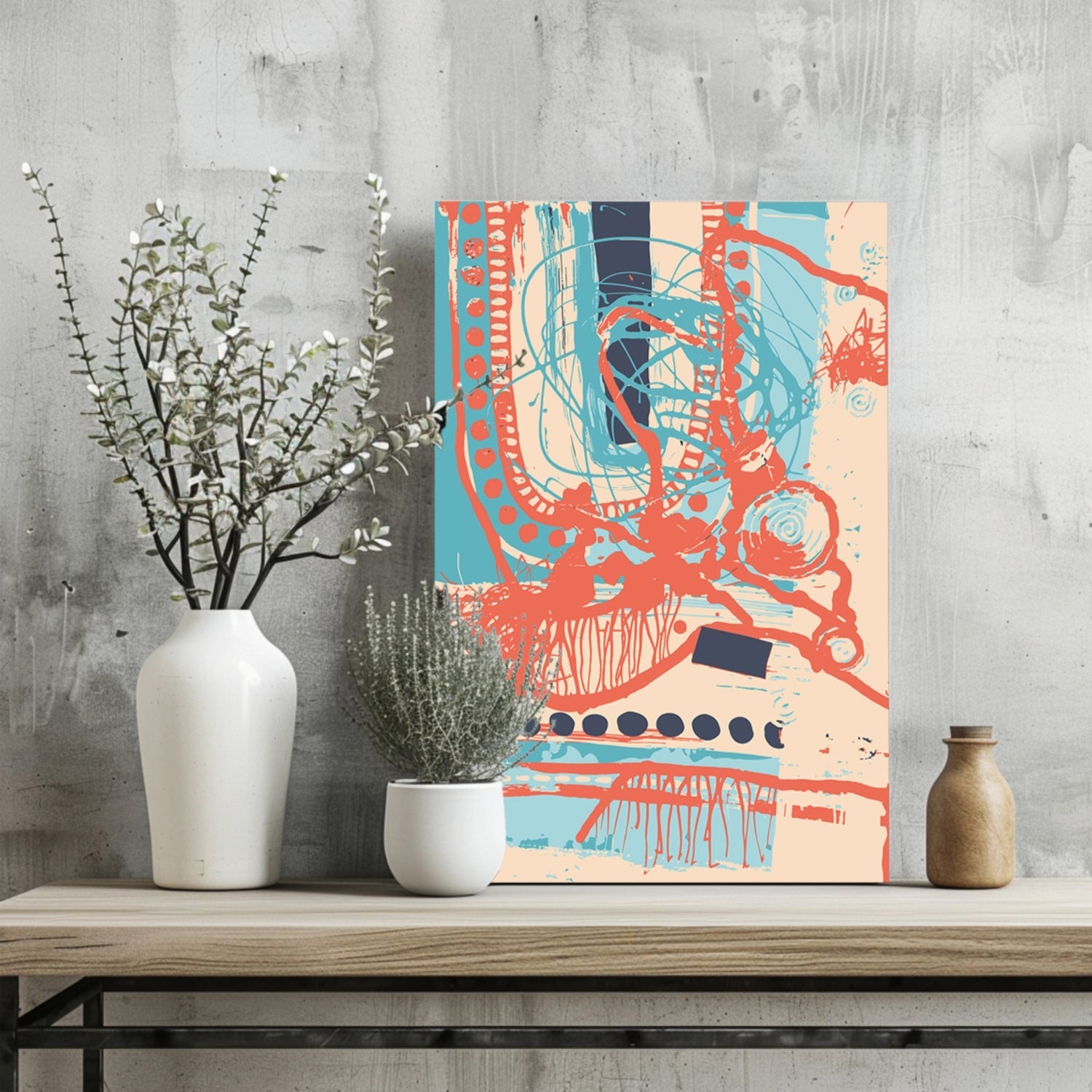 Coral Scribble and Blue Dots Abstract Aluminum Print