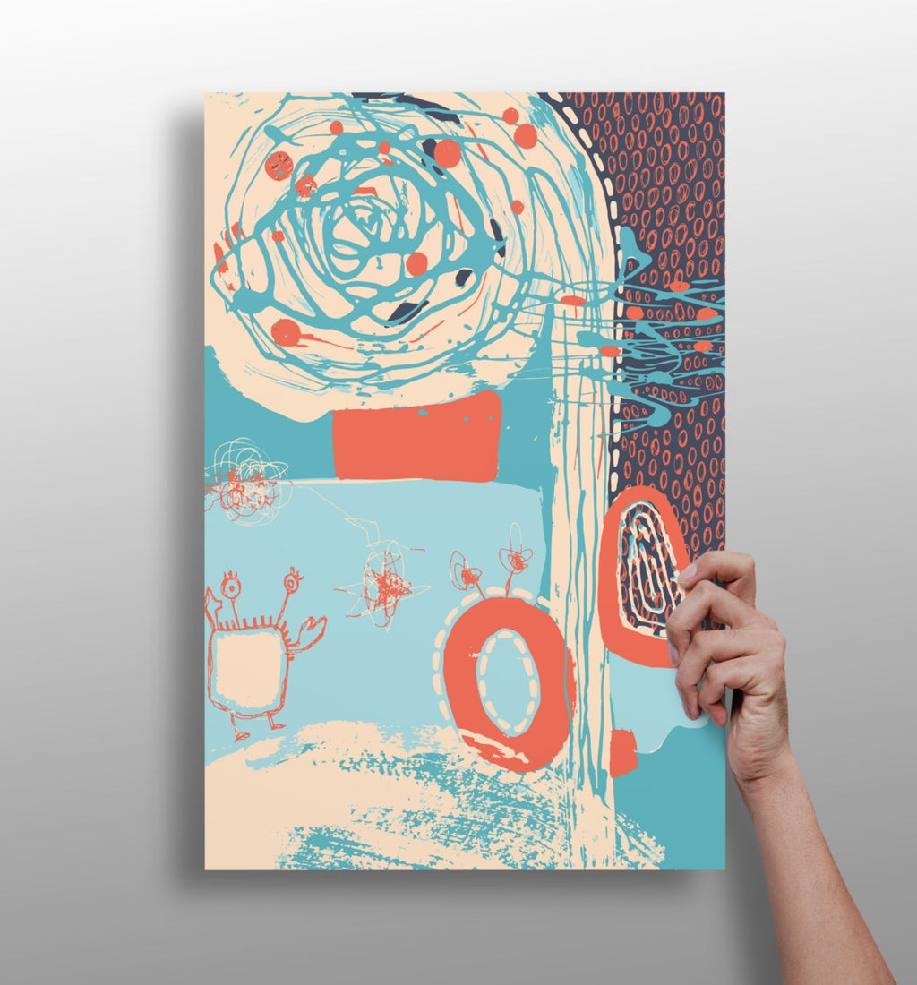 Teal Spiral and Coral Rings Abstract Aluminum Print