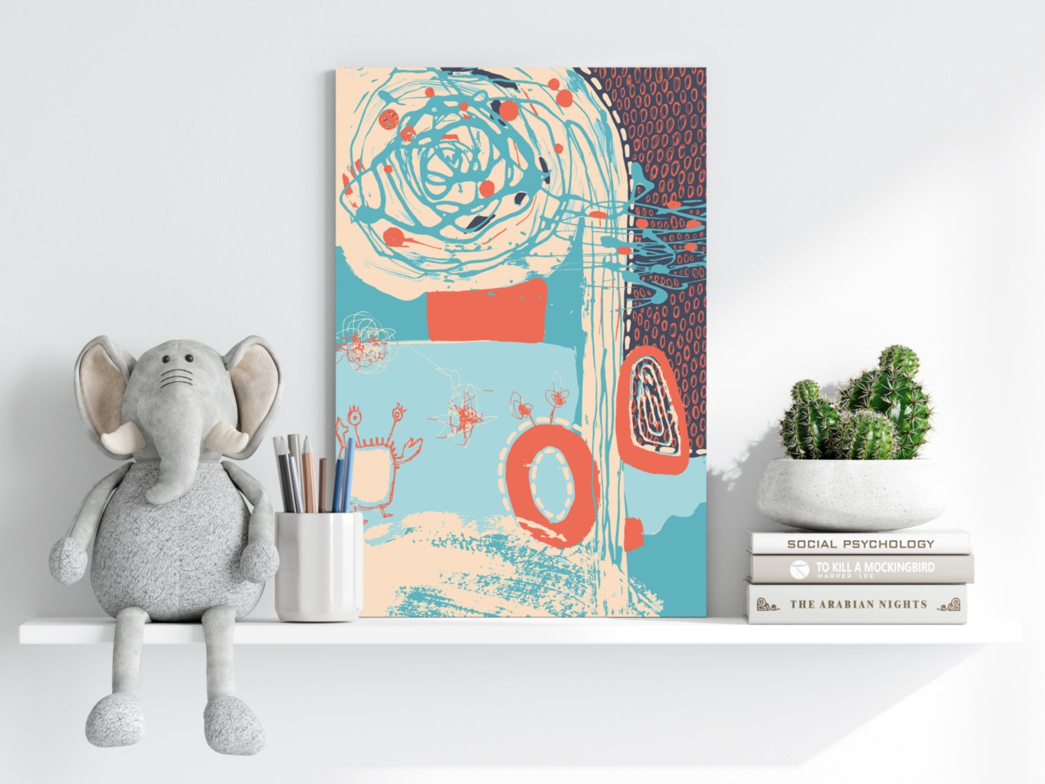 Teal Spiral and Coral Rings Abstract Aluminum Print