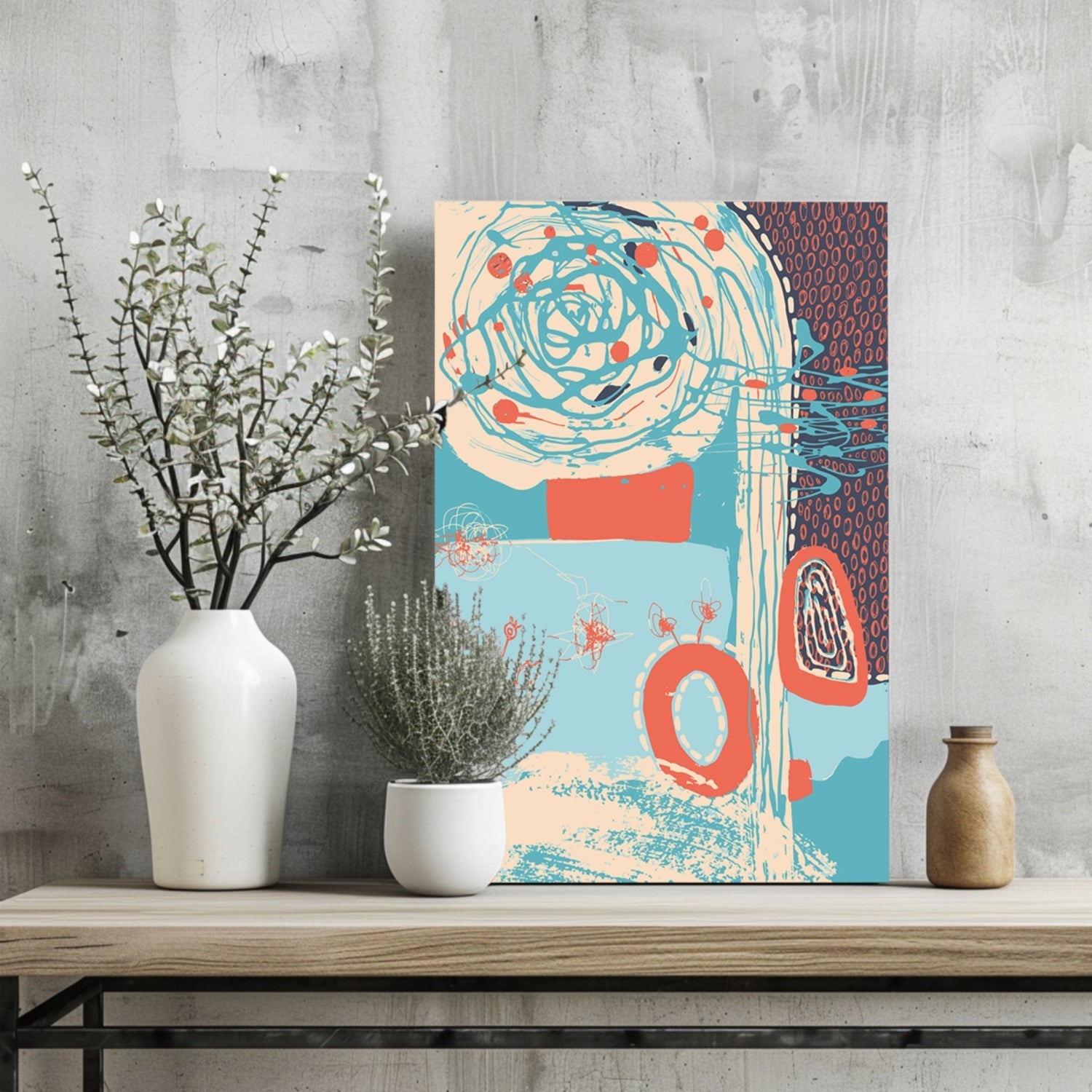 Teal Spiral and Coral Rings Abstract Aluminum Print