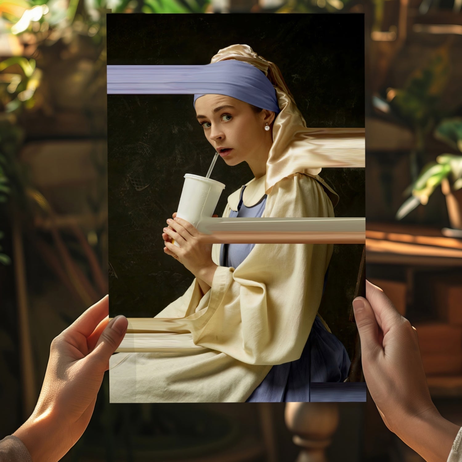 Pearl Earring Girl Soda Cup Glitch Aluminum Print