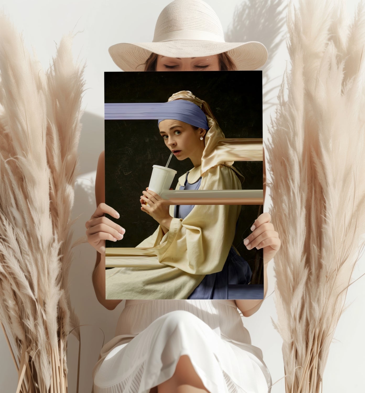 Pearl Earring Girl Soda Cup Glitch Aluminum Print