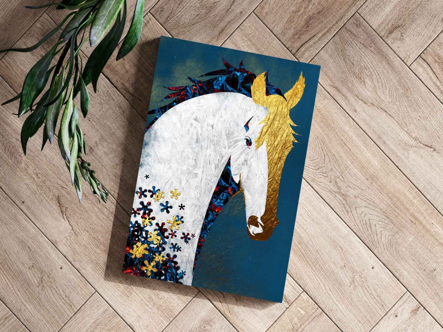 Gold Mane White Horse on Teal Blue Aluminum Print
