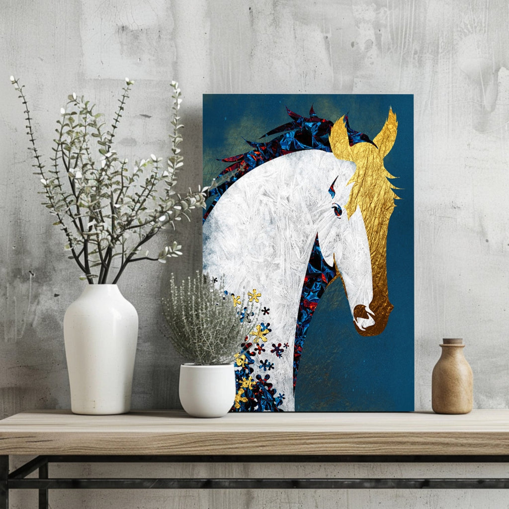 Gold Mane White Horse on Teal Blue Aluminum Print