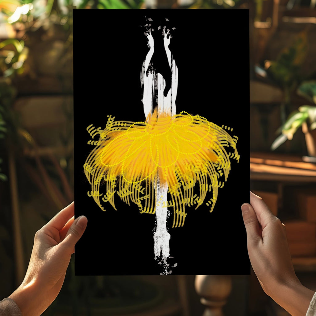 Yellow Tutu Silhouette Dancer on Black Aluminum Print