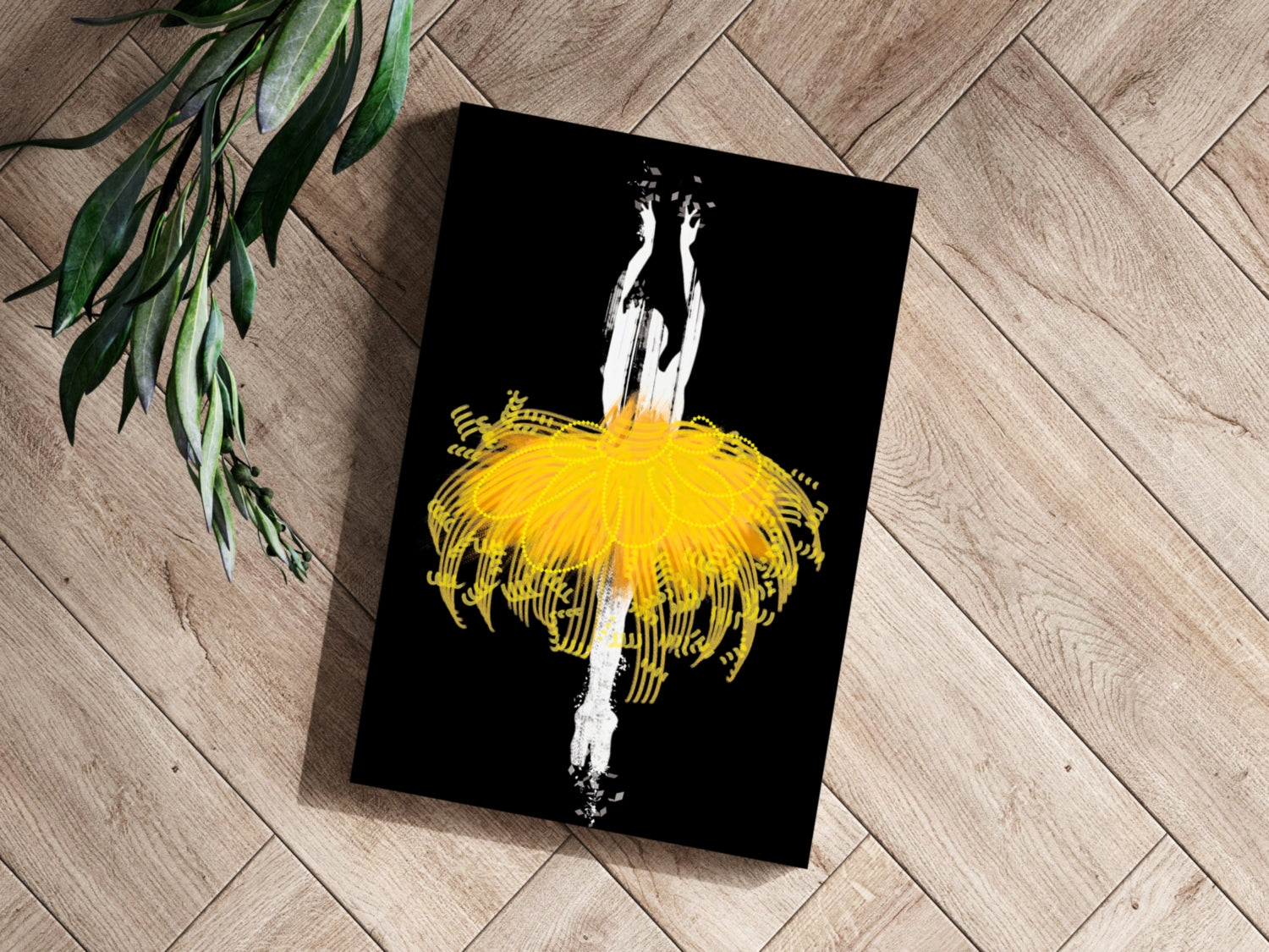 Yellow Tutu Silhouette Dancer on Black Aluminum Print