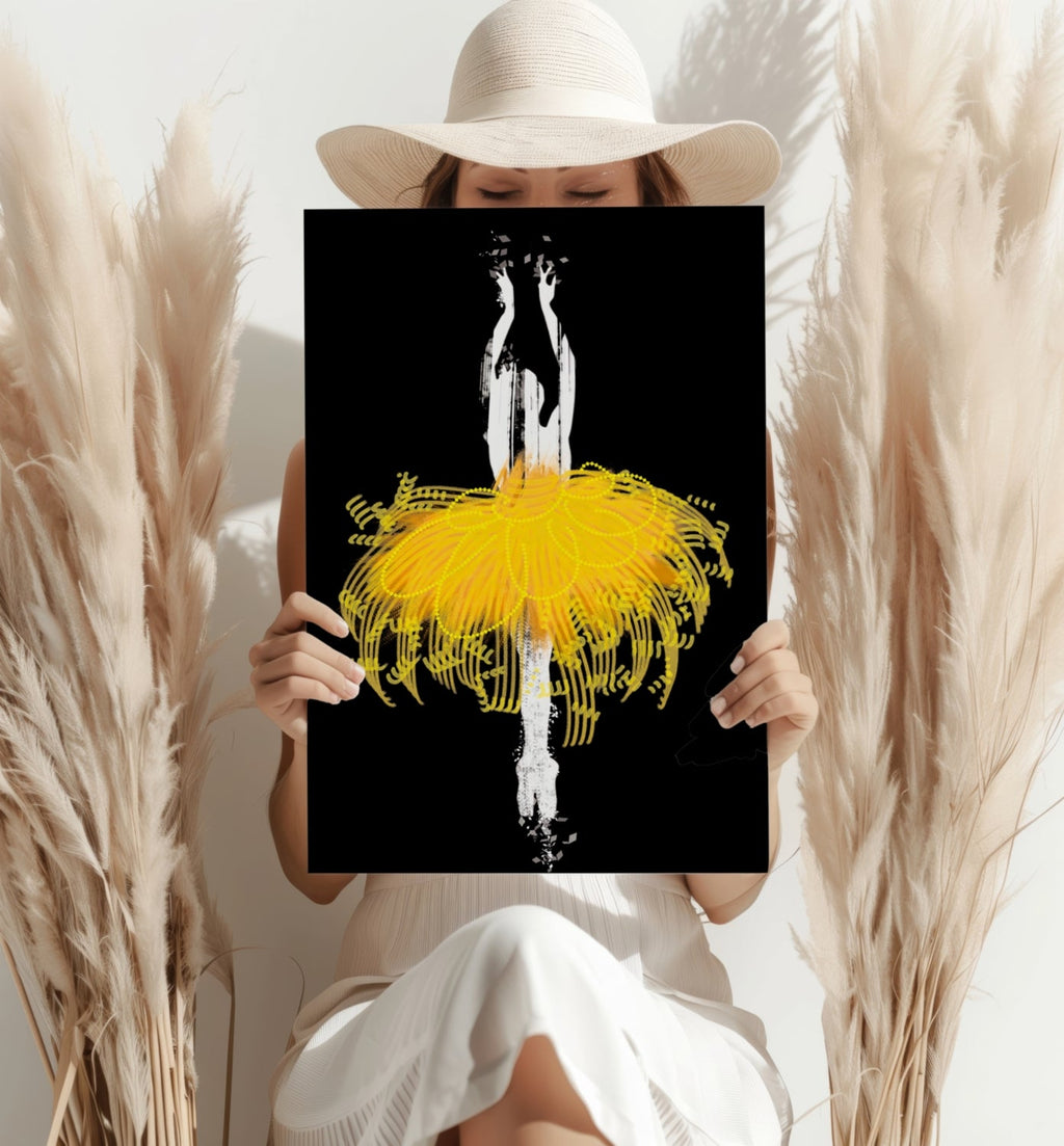 Yellow Tutu Silhouette Dancer on Black Aluminum Print