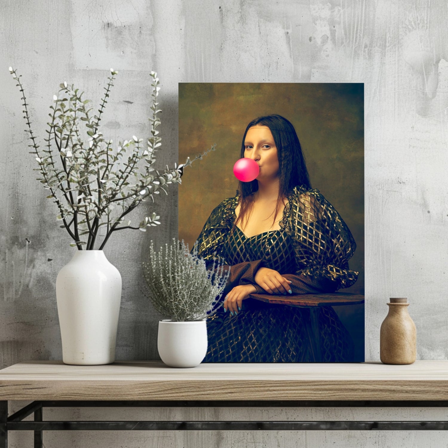 Mona Lisa Pink Bubblegum Gold Gown Lady Portrait Aluminum Print