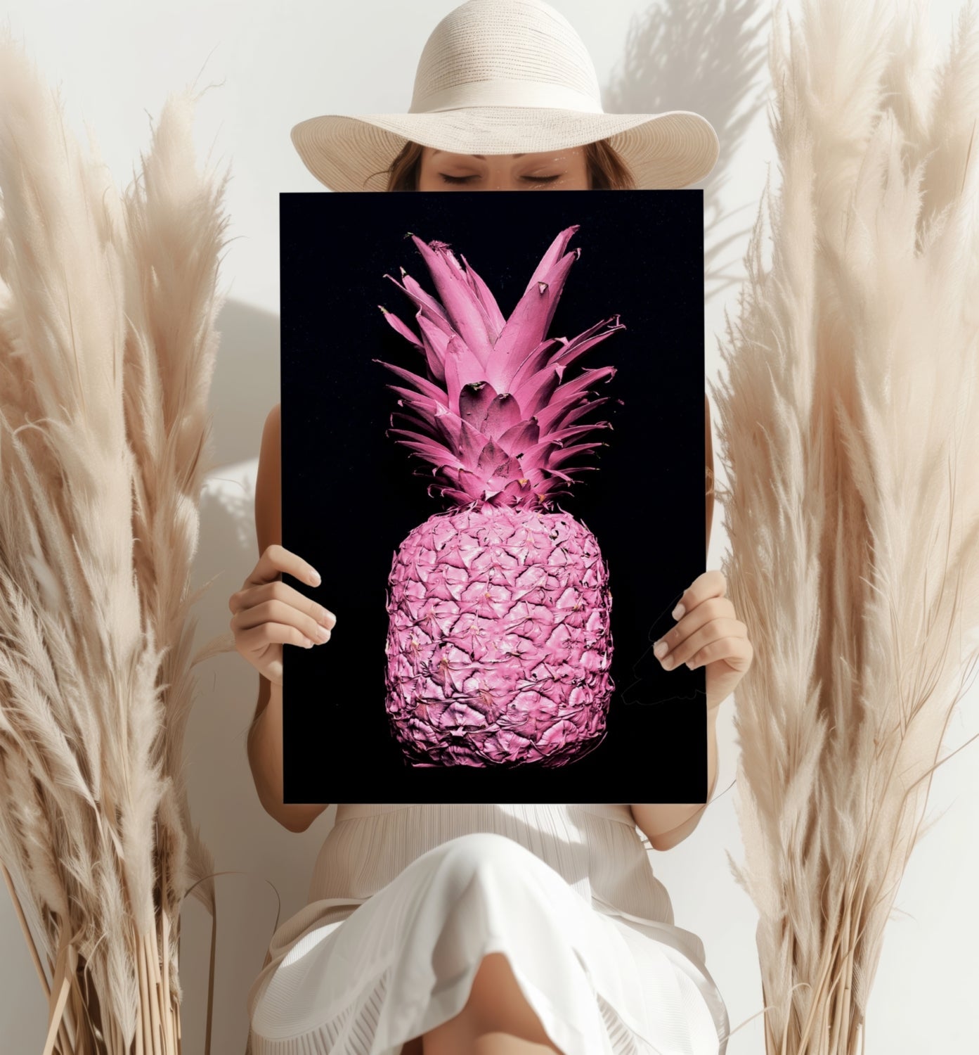 Hot Pink Painted Pineapple Black Aluminum Print