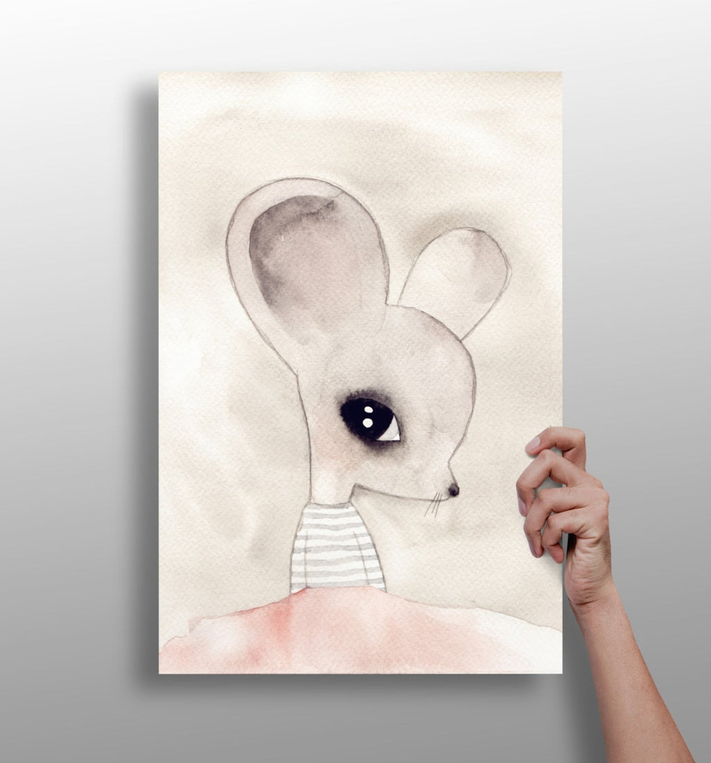 Watercolor Big Ear Mouse Striped Top Aluminum Print