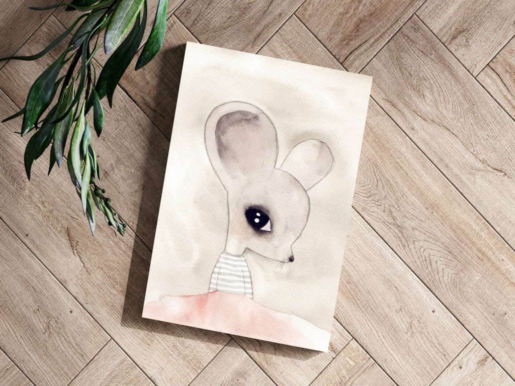 Watercolor Big Ear Mouse Striped Top Aluminum Print