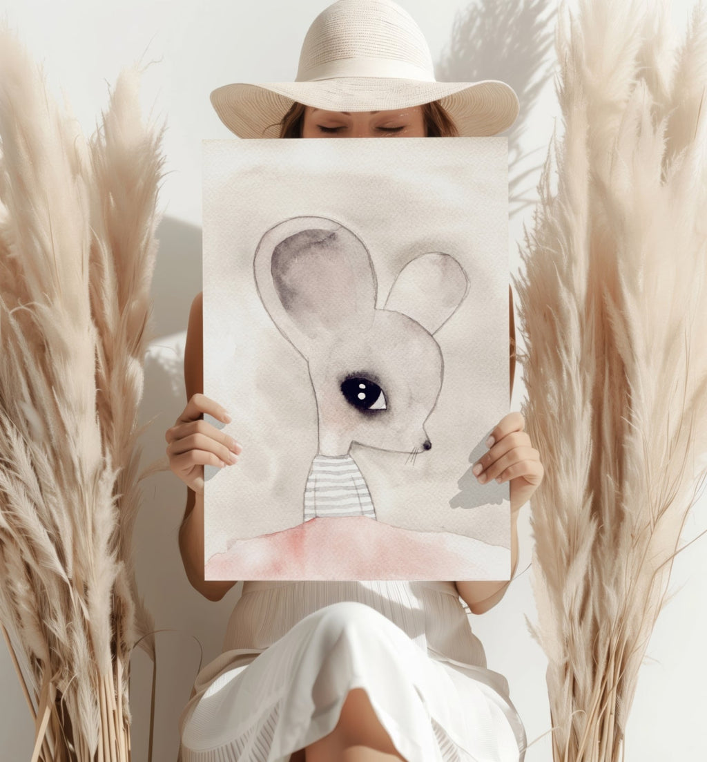 Watercolor Big Ear Mouse Striped Top Aluminum Print
