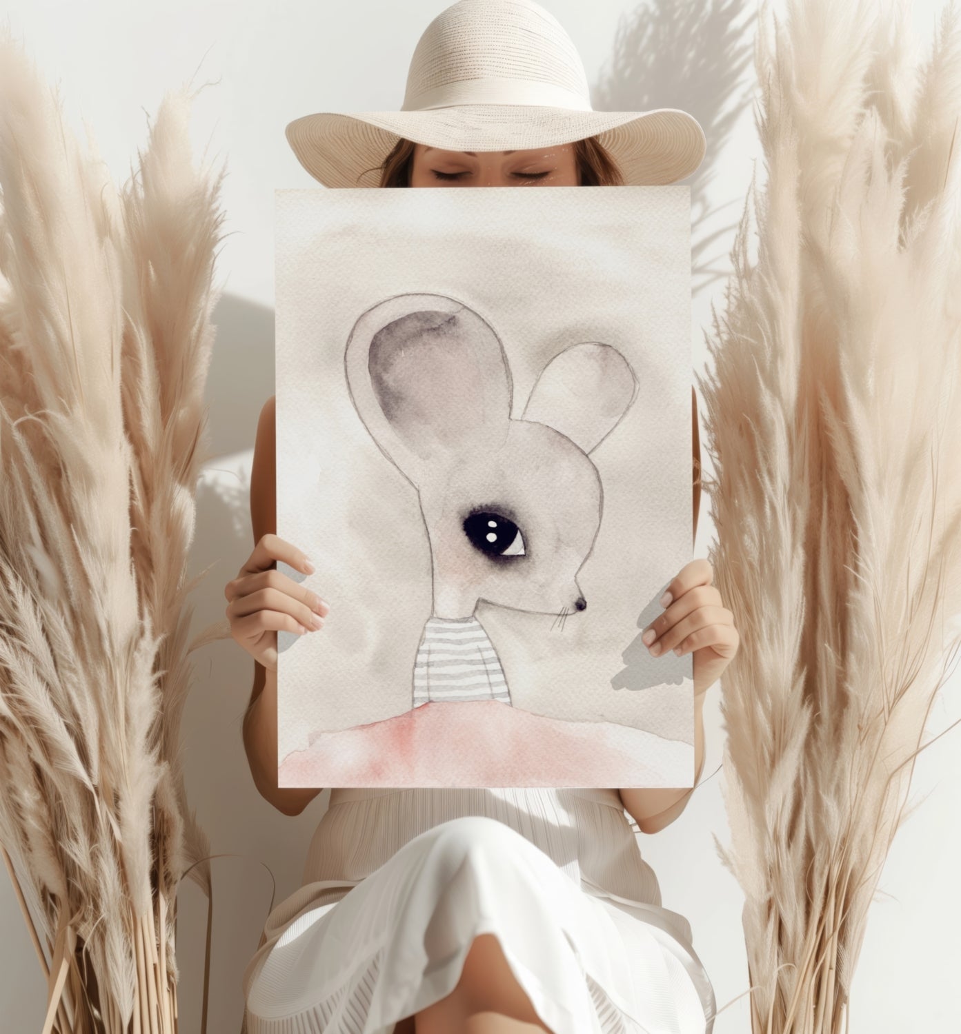 Watercolor Big Ear Mouse Striped Top Aluminum Print