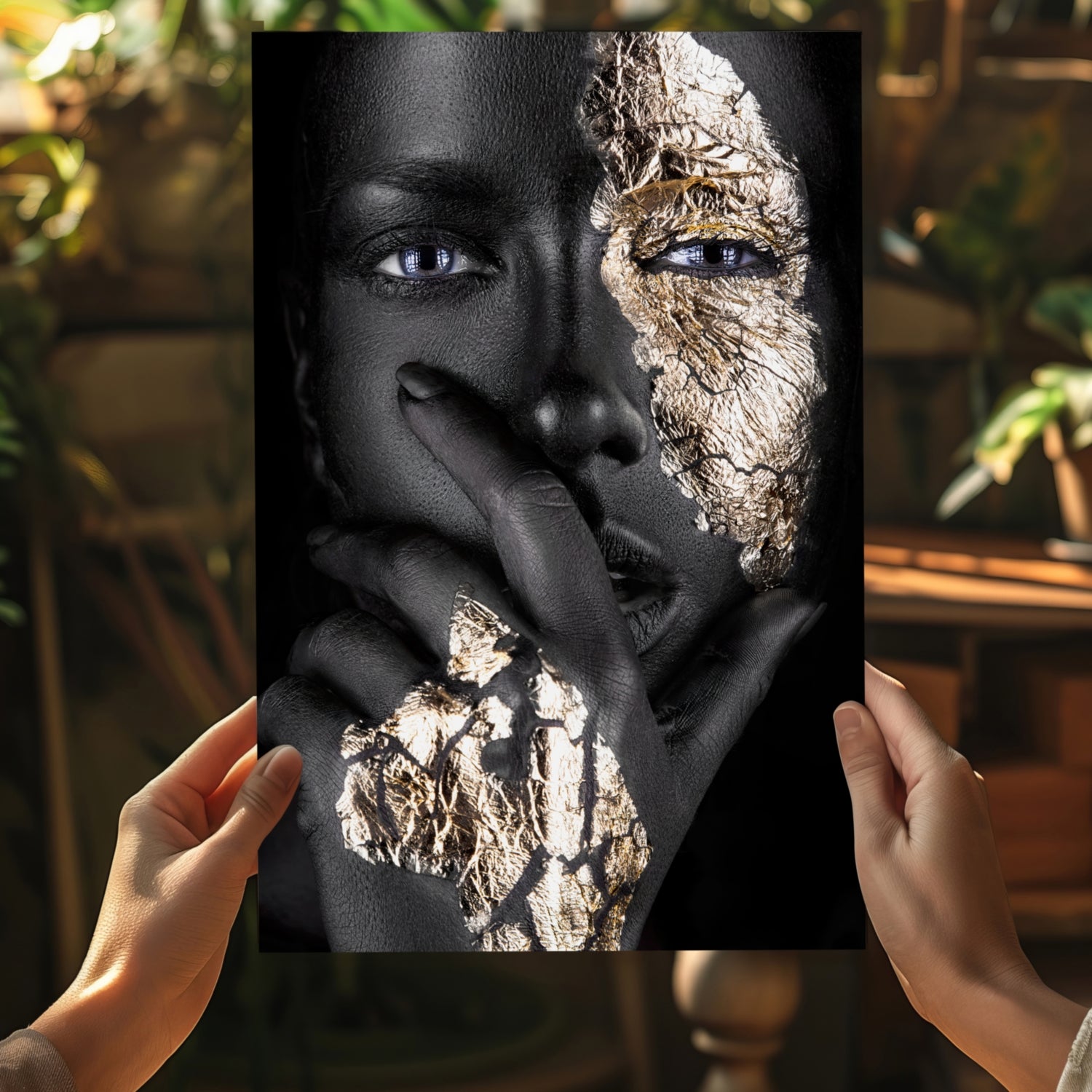 Gold Leaf Half Mask Woman Aluminum Print