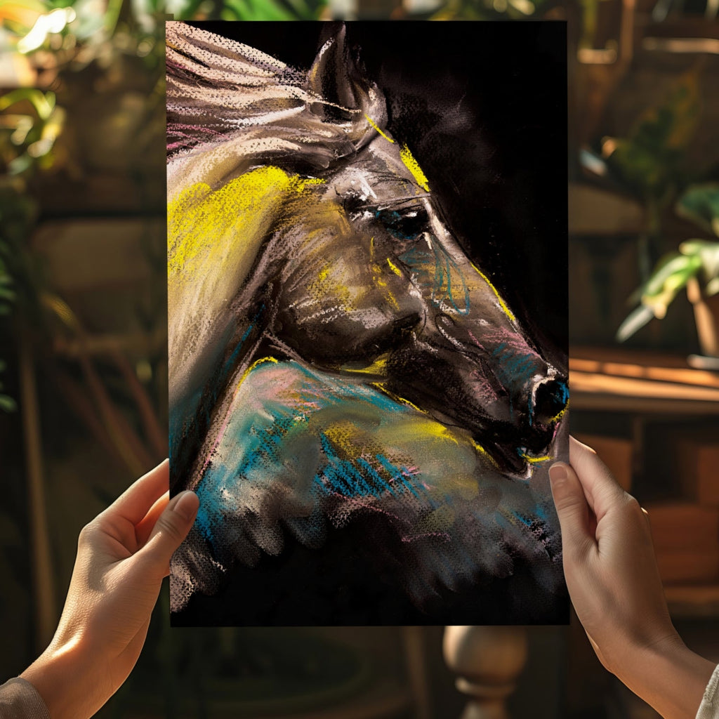 Yellow Pastel Chalk Horse on Black Aluminum Print