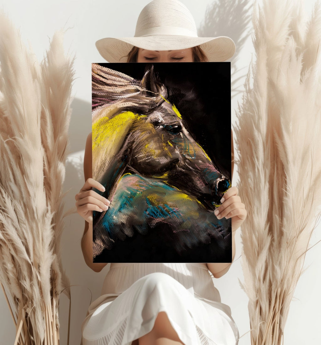 Yellow Pastel Chalk Horse on Black Aluminum Print