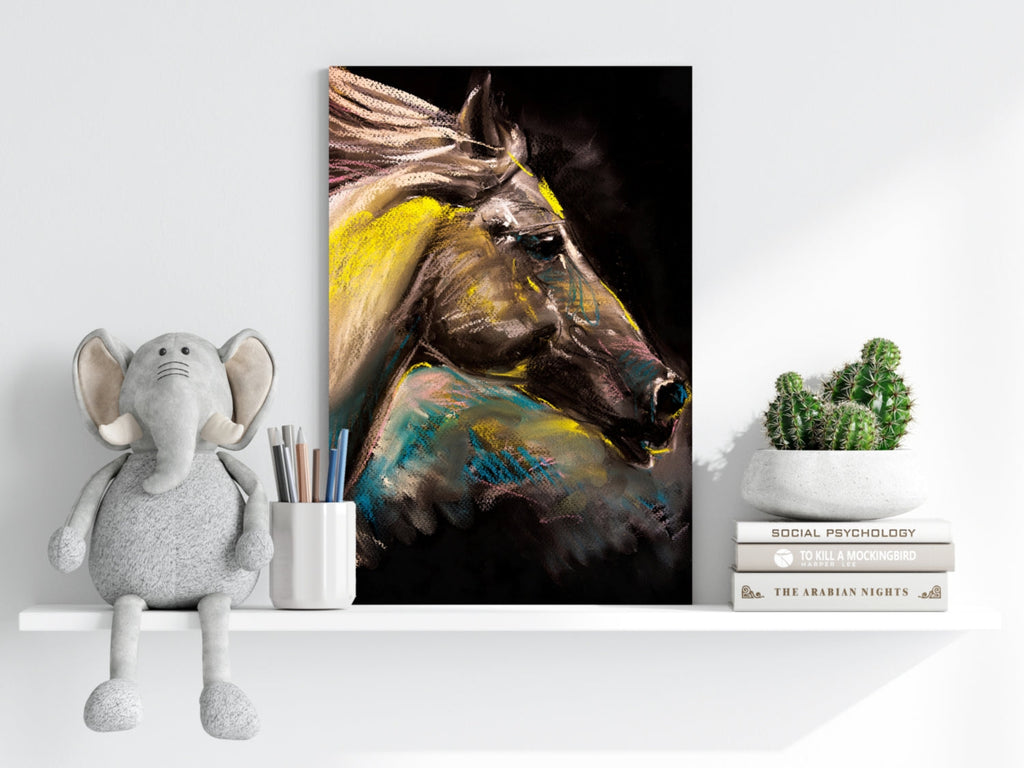 Yellow Pastel Chalk Horse on Black Aluminum Print