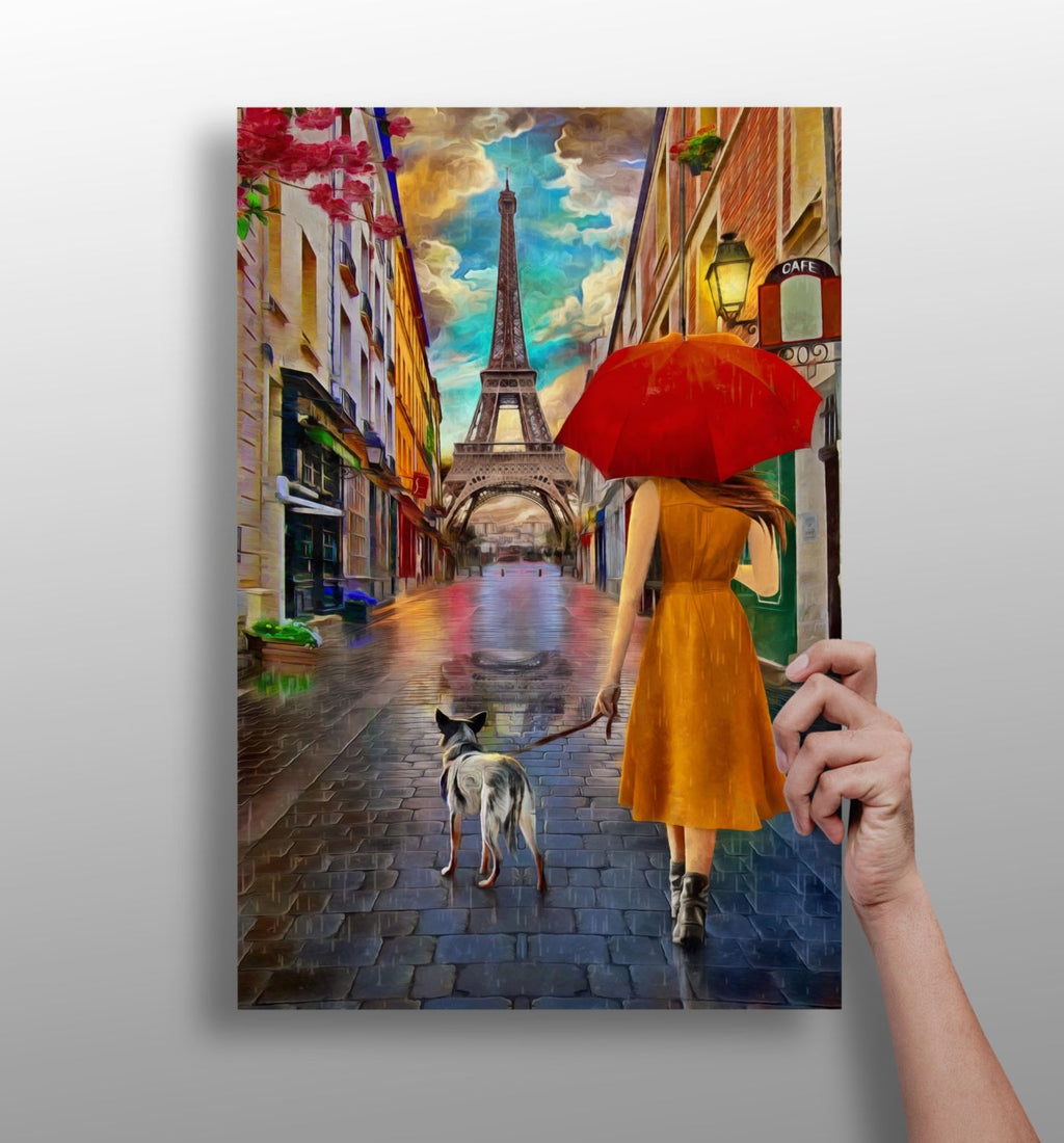 Red Umbrella Woman Walking Dog Paris Aluminum Print