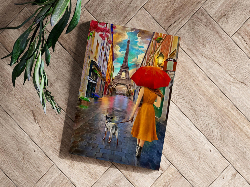 Red Umbrella Woman Walking Dog Paris Aluminum Print
