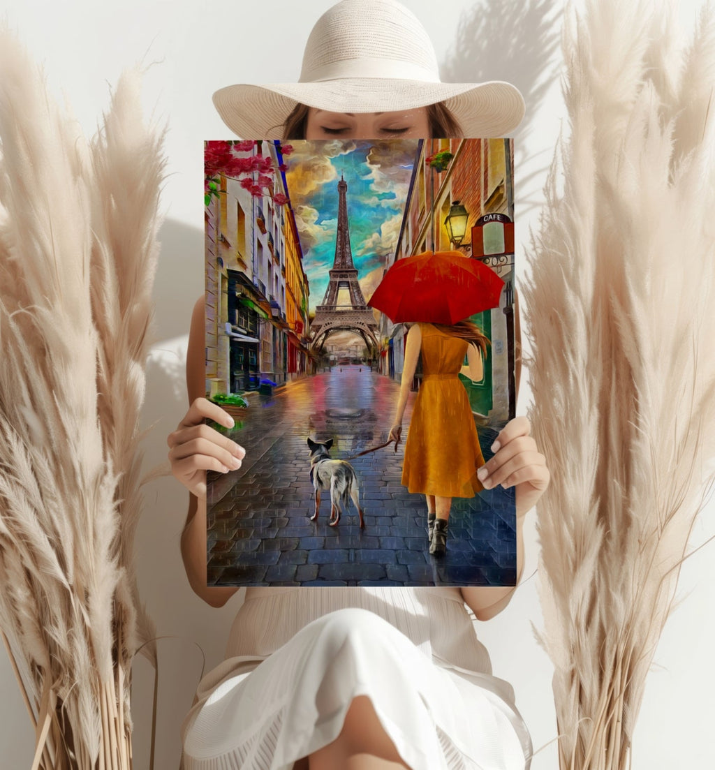 Red Umbrella Woman Walking Dog Paris Aluminum Print