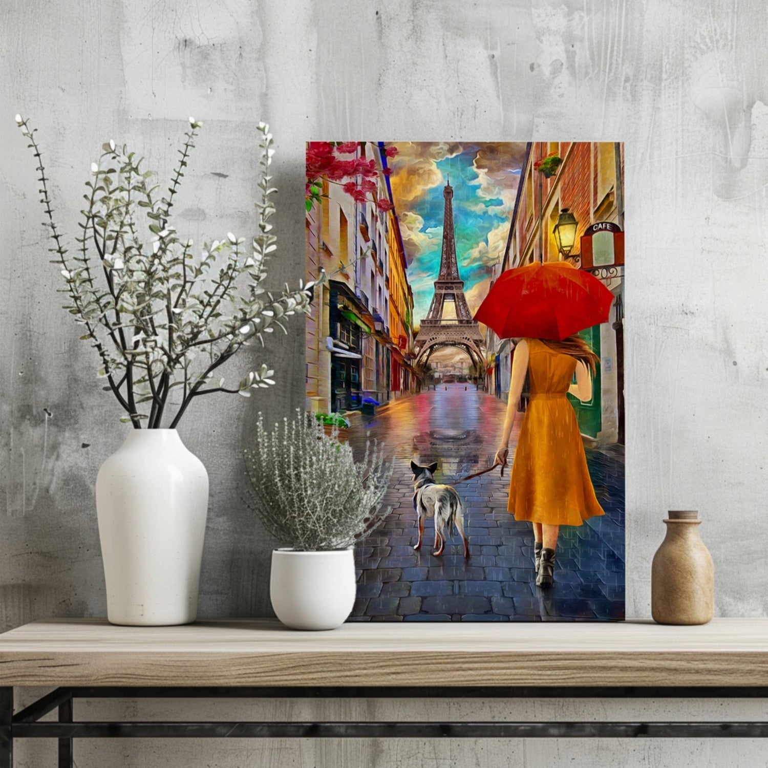Red Umbrella Woman Walking Dog Paris Aluminum Print