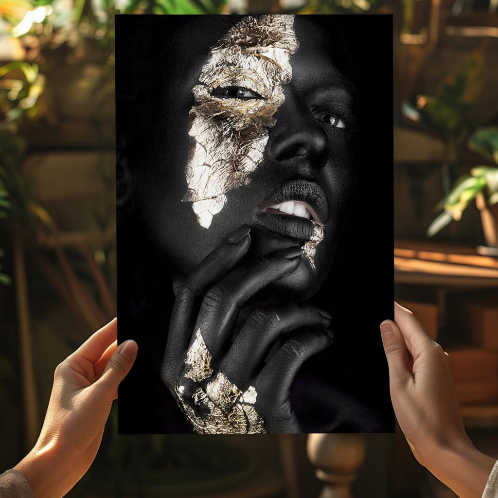 Gold Foil Cheek Pensive Woman Aluminum Print