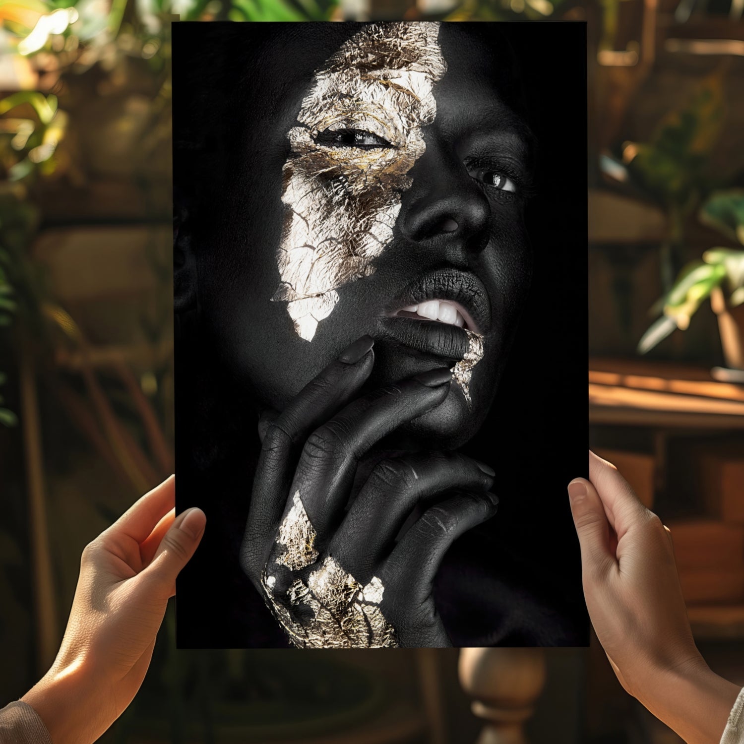 Gold Foil Cheek Pensive Woman Aluminum Print