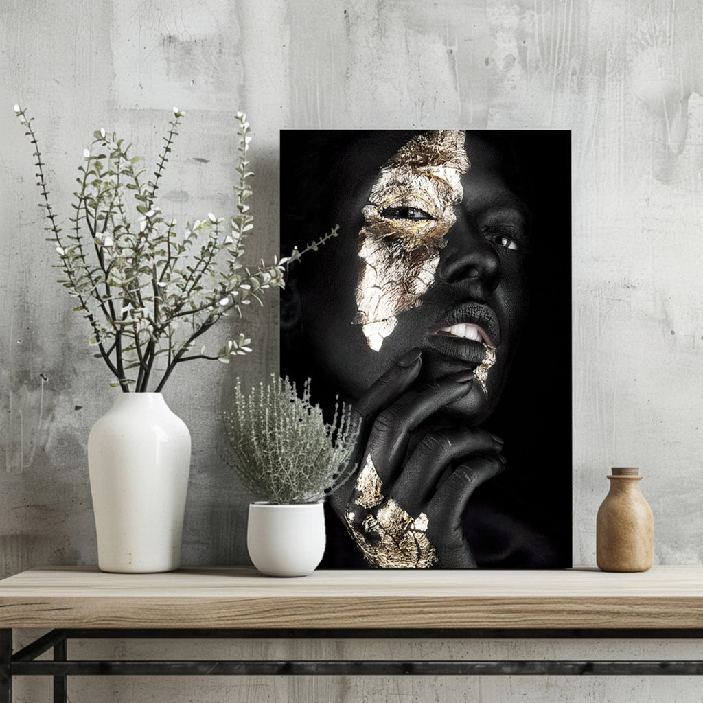 Gold Foil Cheek Pensive Woman Aluminum Print