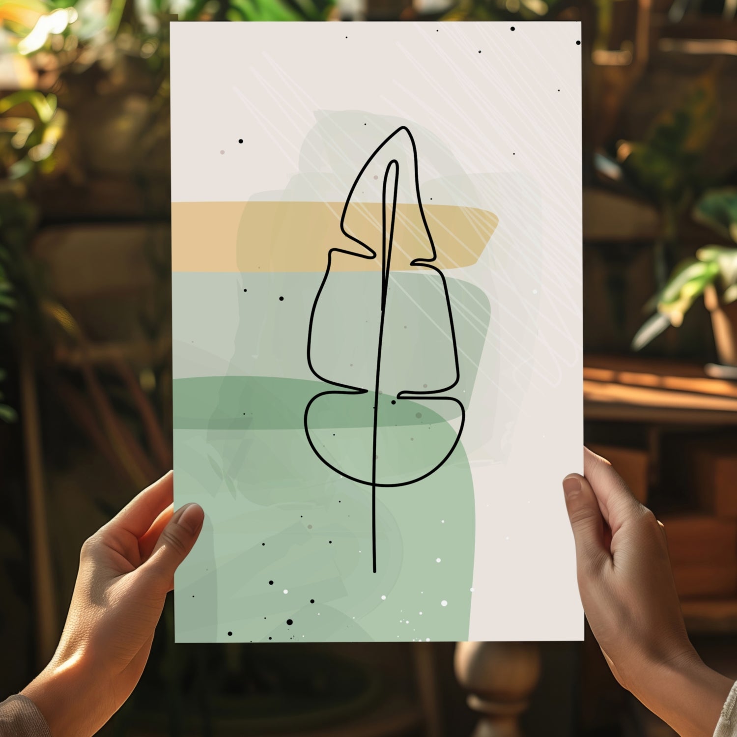 Mustard Band Sage Feather Leaf Line Art Aluminum Print