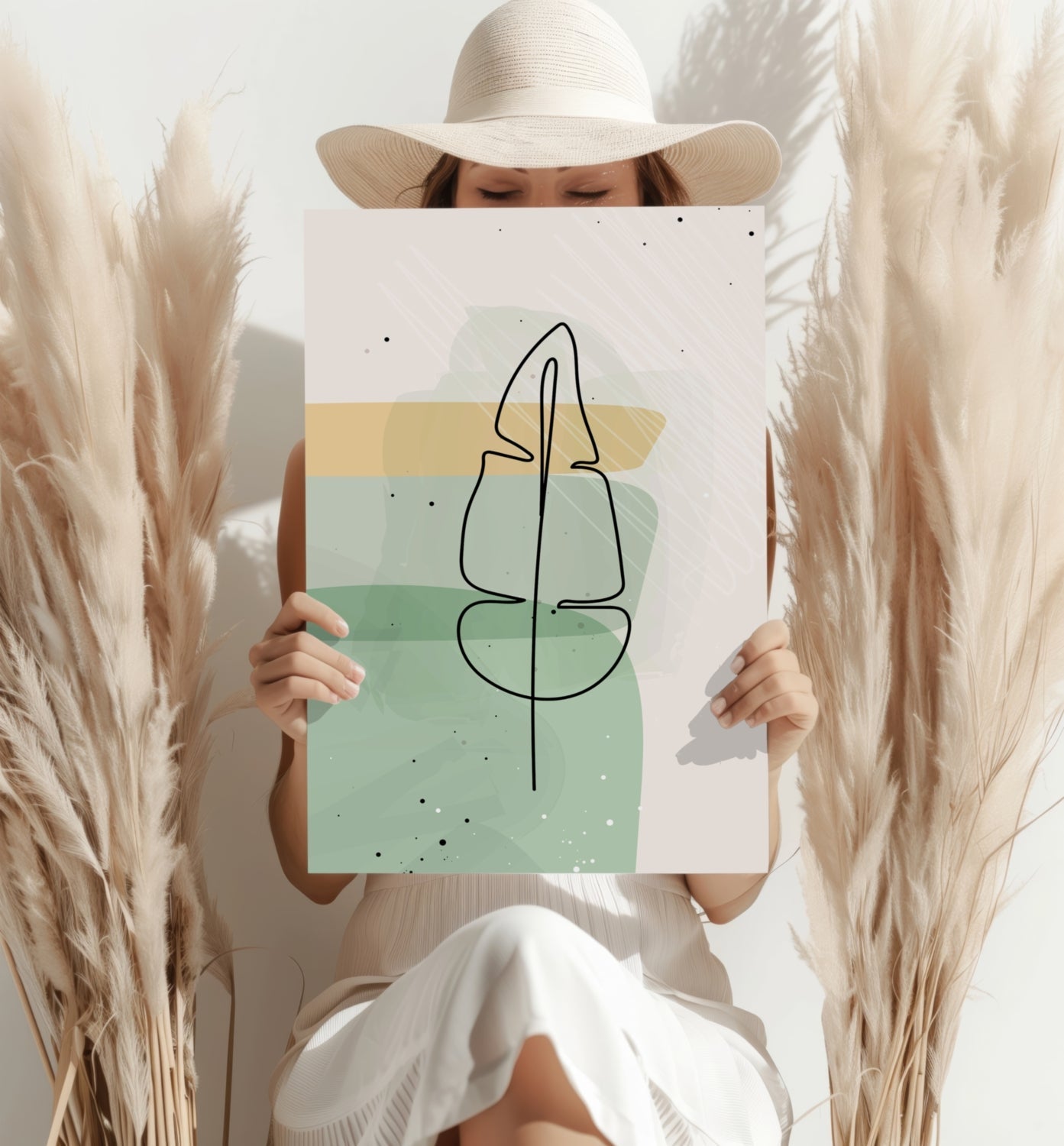 Mustard Band Sage Feather Leaf Line Art Aluminum Print