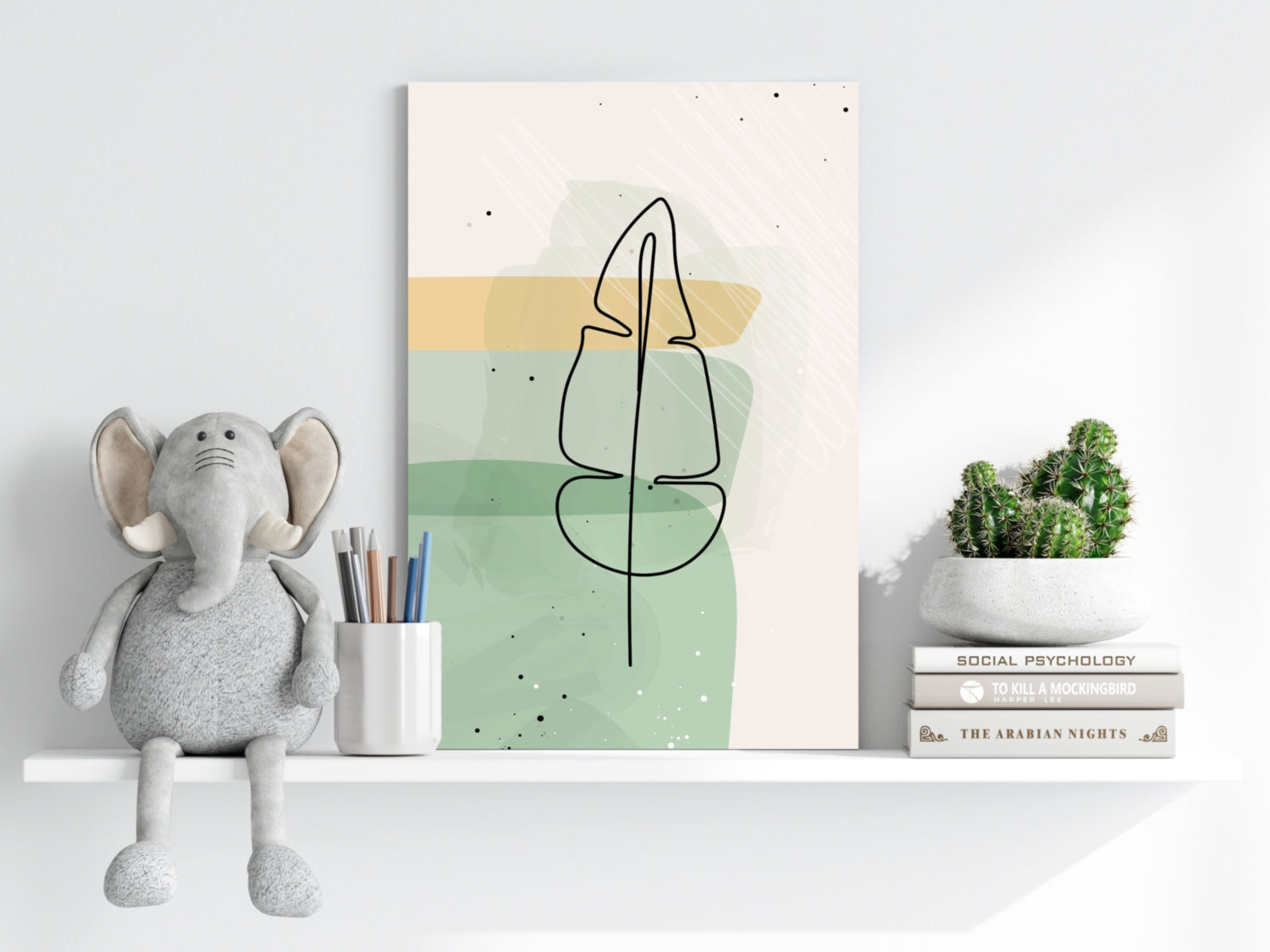 Mustard Band Sage Feather Leaf Line Art Aluminum Print