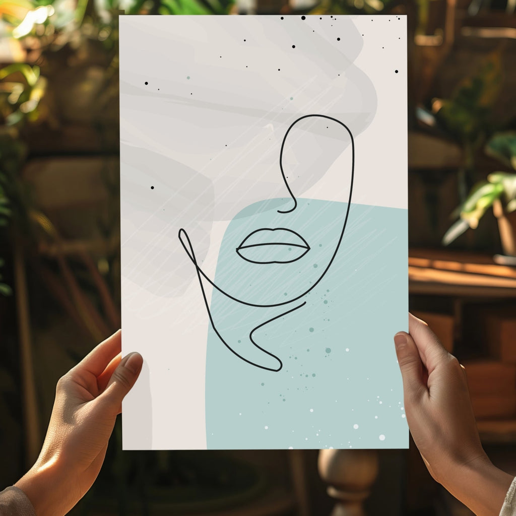 Mint Teal Block Abstract Face Line Art Aluminum Print
