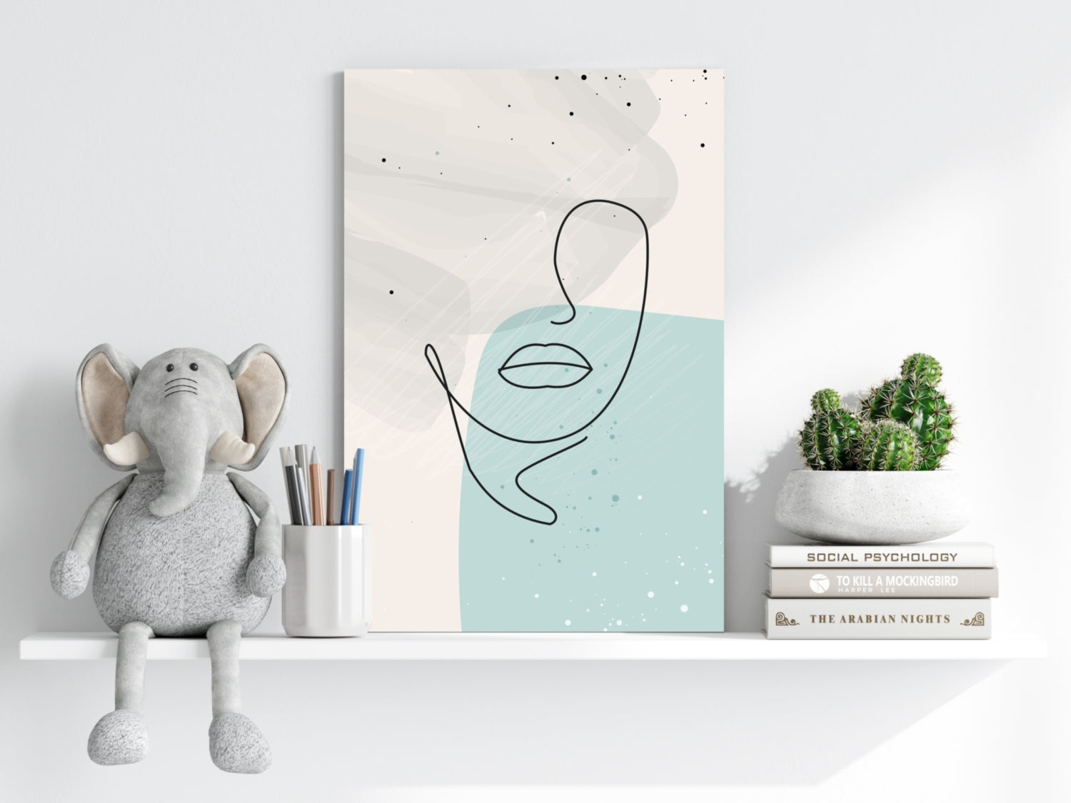 Mint Teal Block Abstract Face Line Art Aluminum Print