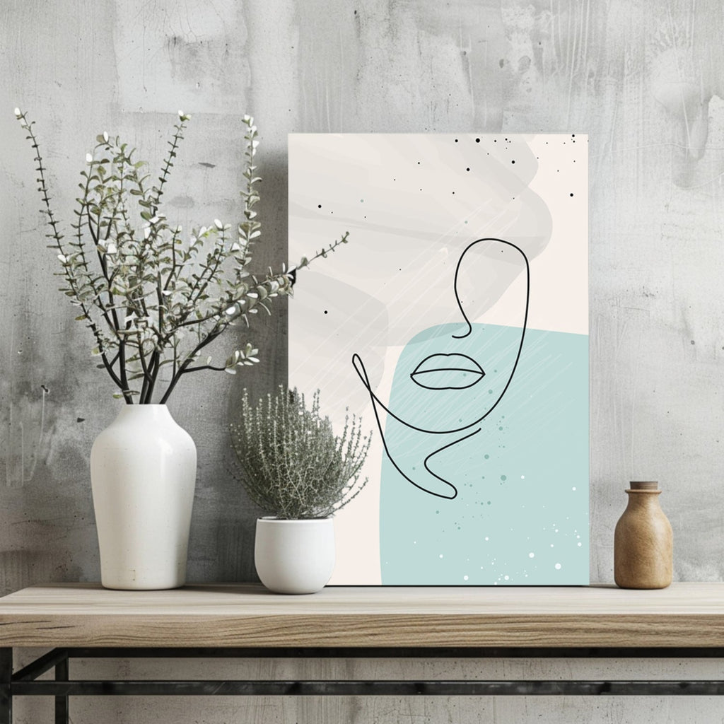 Mint Teal Block Abstract Face Line Art Aluminum Print