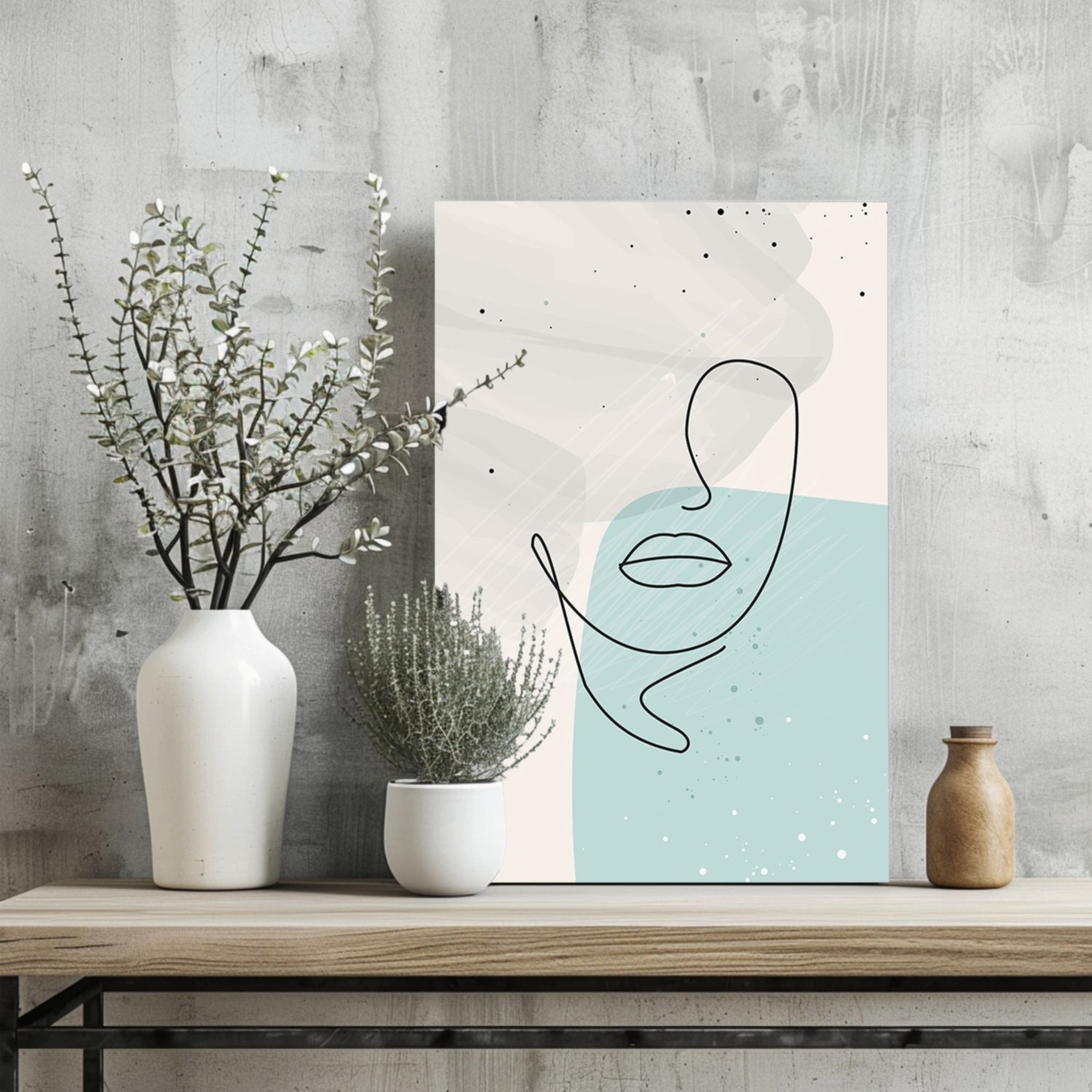 Mint Teal Block Abstract Face Line Art Aluminum Print