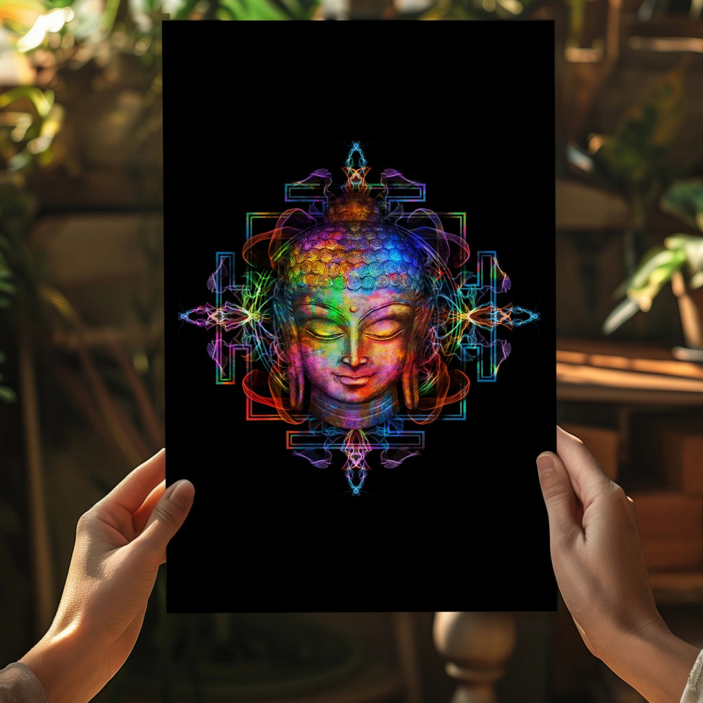 Neon Rainbow Mandala Buddha Head Aluminum Print