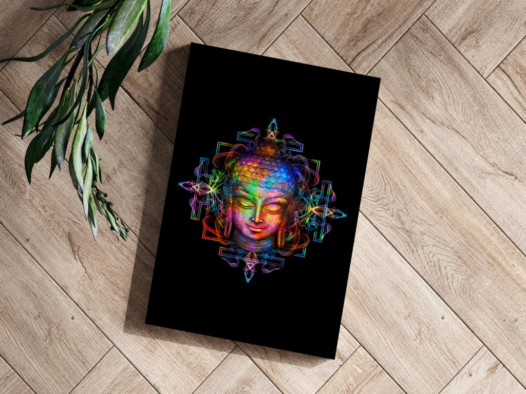 Neon Rainbow Mandala Buddha Head Aluminum Print