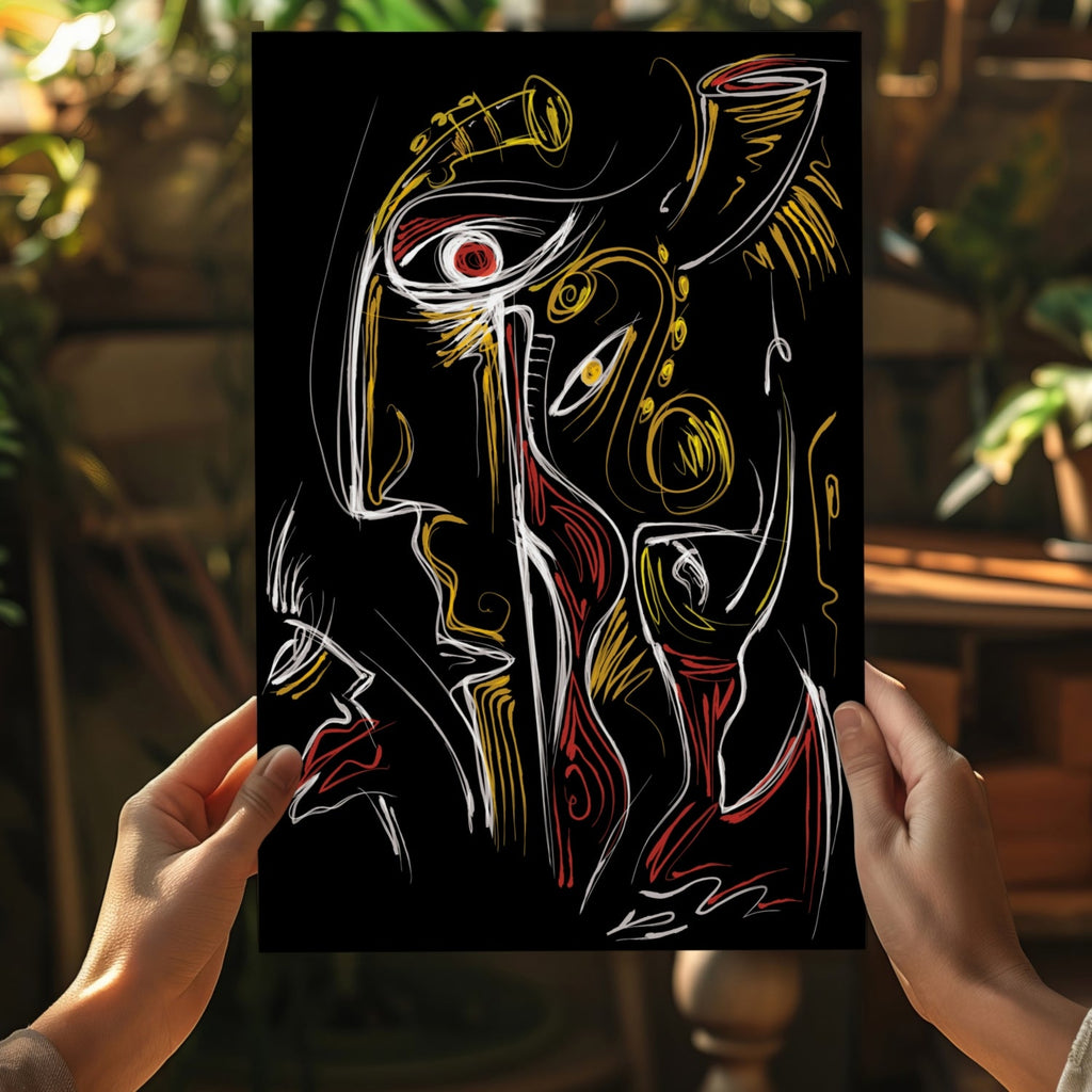 Gold Red Line Sketch Faces Black Aluminum Print
