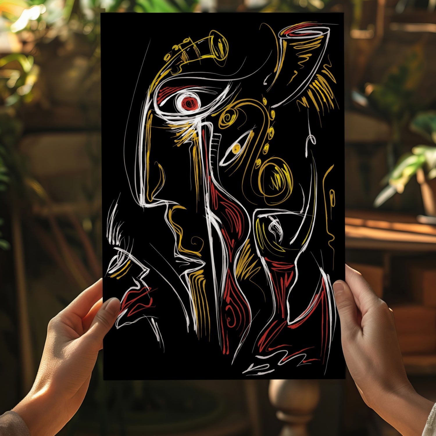 Gold Red Line Sketch Faces Black Aluminum Print